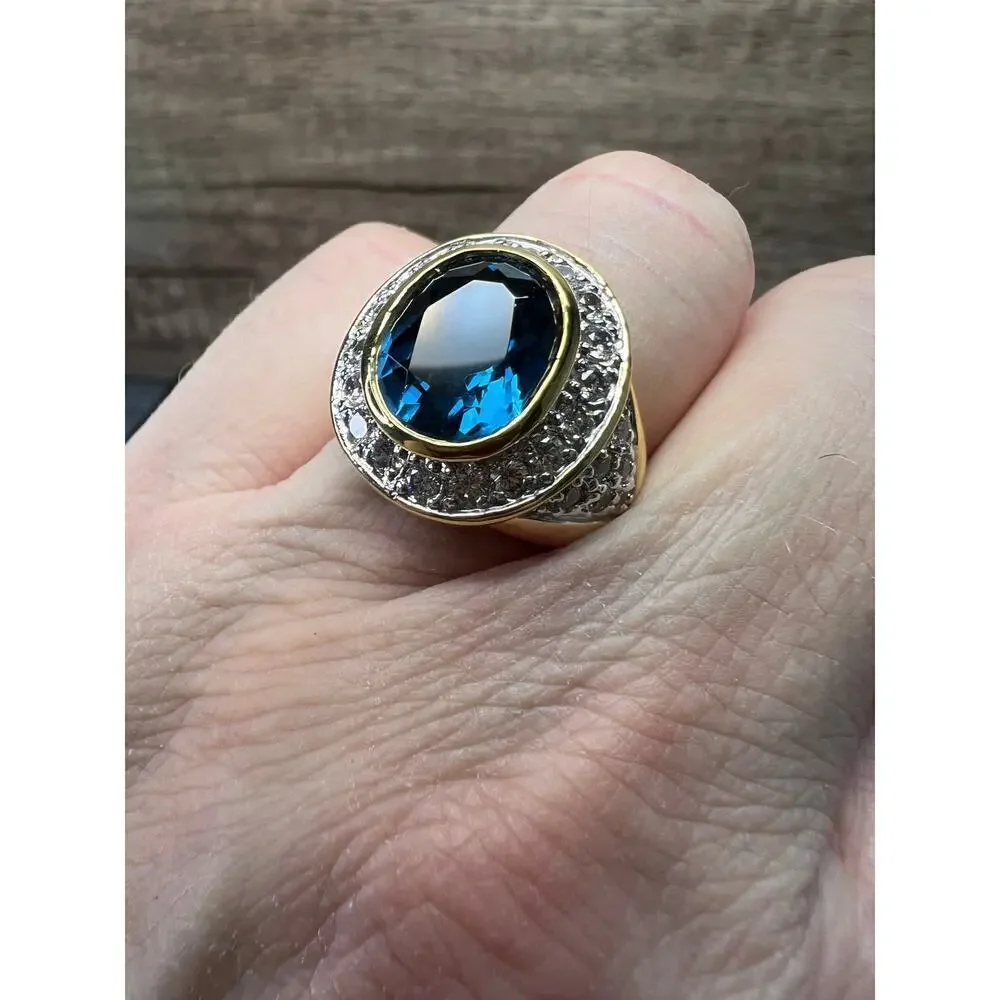 Lab blue spinel and CZ 18k rolled gold ring size 7